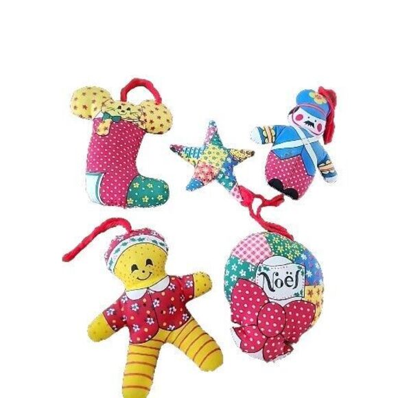 Vintage Calico Handmade Fabric Cloth Christmas Ornaments 1970 Set of 5 Nostalgia - Picture 1 of 10